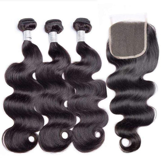 Queen Hair Inc 9A 3 Remy Hair bundles + 4X4 Lace Closure Body Wave #1b 馃洬