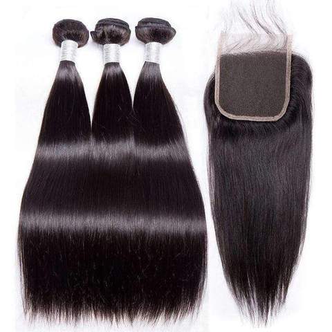 Queen Hair Inc 9A 3 Remy Hair bundles + 4X4 Lace Closure Straight #1b 馃洬