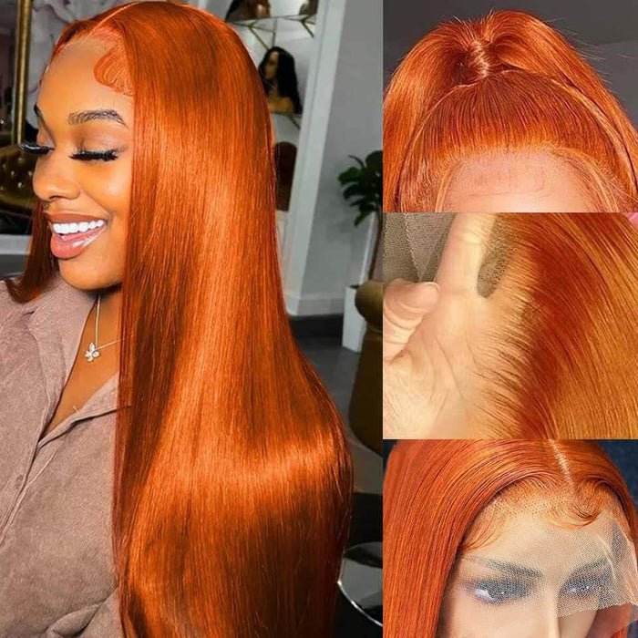 Ginger Lace Front Wig Orange Human Hair Wigs 350# Straight Hair 13x4 Colored Wigs 180 Density
