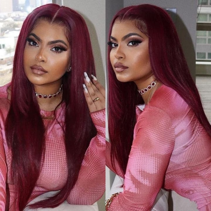 Queen Hair Inc 10A 150% Density 99J Burgundy Color Long Straight Lace Front Human Hair Wig