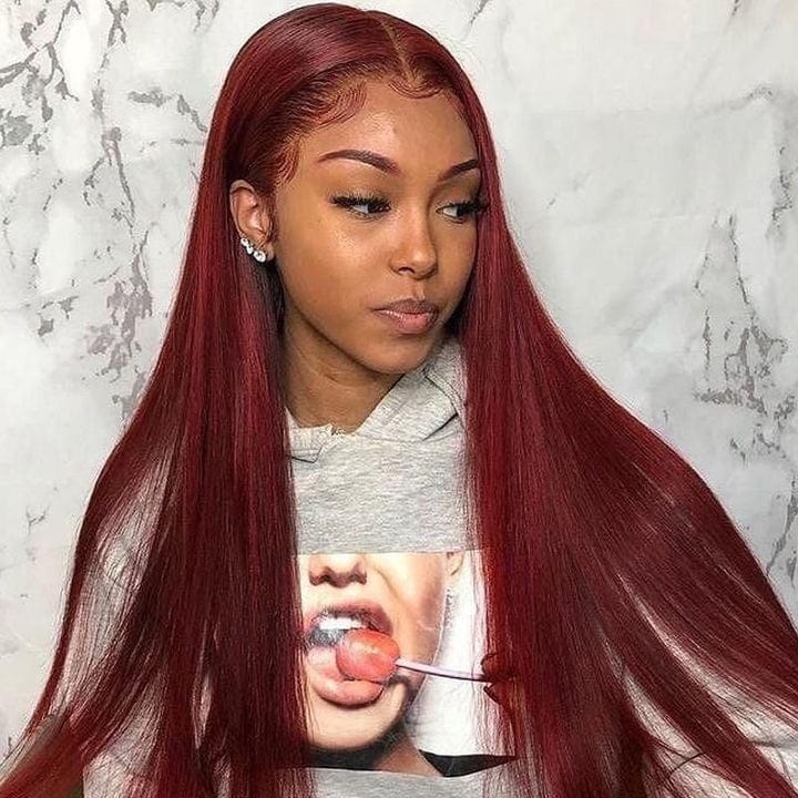 Queen Hair Inc 10A 150% Density 99J Burgundy Color Long Straight Lace Front Human Hair Wig