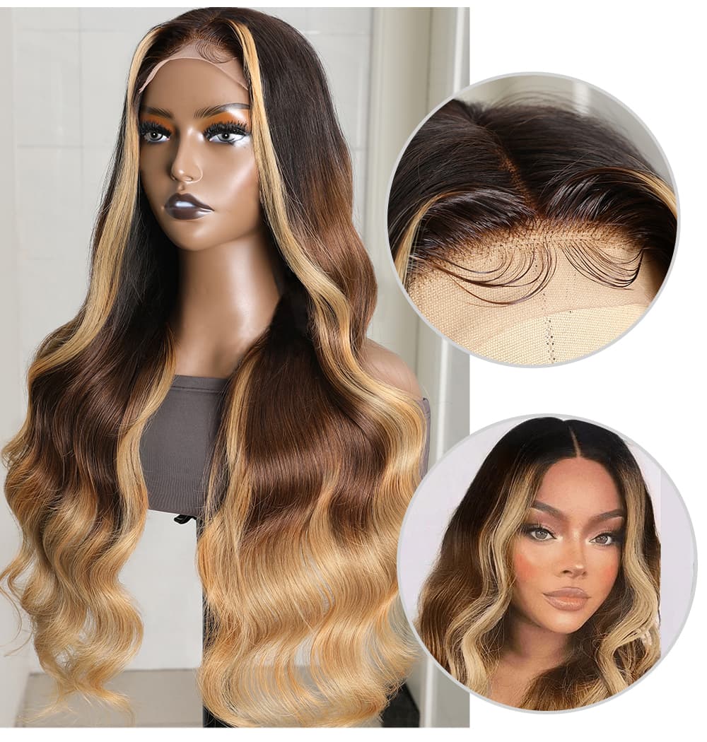 Queen Hair Inc 10A Honey Blonde Money Piece Highlights Brown Ombre Loose Wave Middle Lace Part Human Hair Wigs
