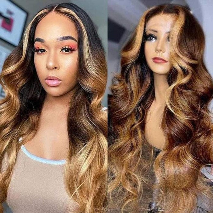 Queen Hair Inc 10A Honey Blonde Money Piece Highlights Brown Ombre Loose Wave Middle Lace Part Human Hair Wigs