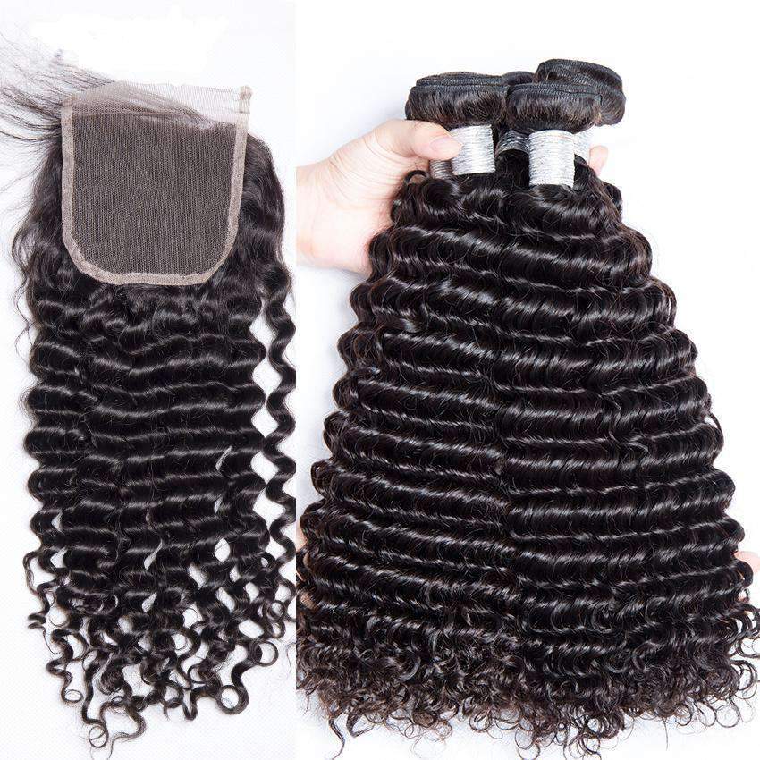 Queen Hair Inc 9A 3 Remy Hair bundles + 4X4 Lace Closure Deep Wave #1b 馃洬