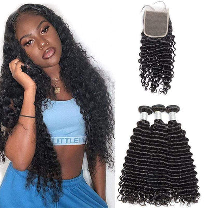 Queen Hair Inc 9A 3 Remy Hair bundles + 4X4 Lace Closure Deep Wave #1b 馃洬