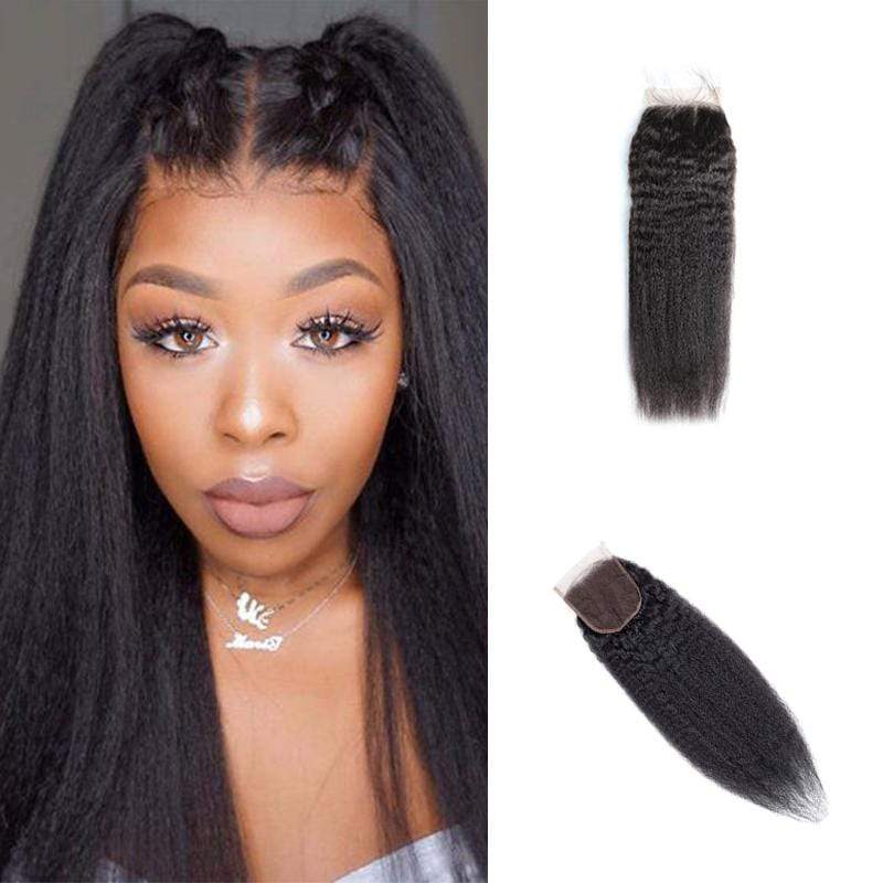 Queen Hair Inc 4x4 Lace Closure Free Part Kinky Straight Yaki Hair 100% Human Hair
