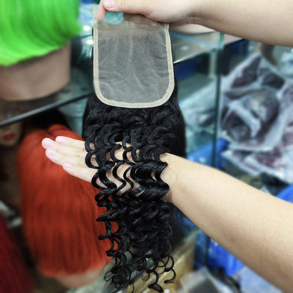 Queen Hair Inc 10A 3 Remy Hair bundles + 4X4 Lace Closure Deep Wave #1b 馃洬